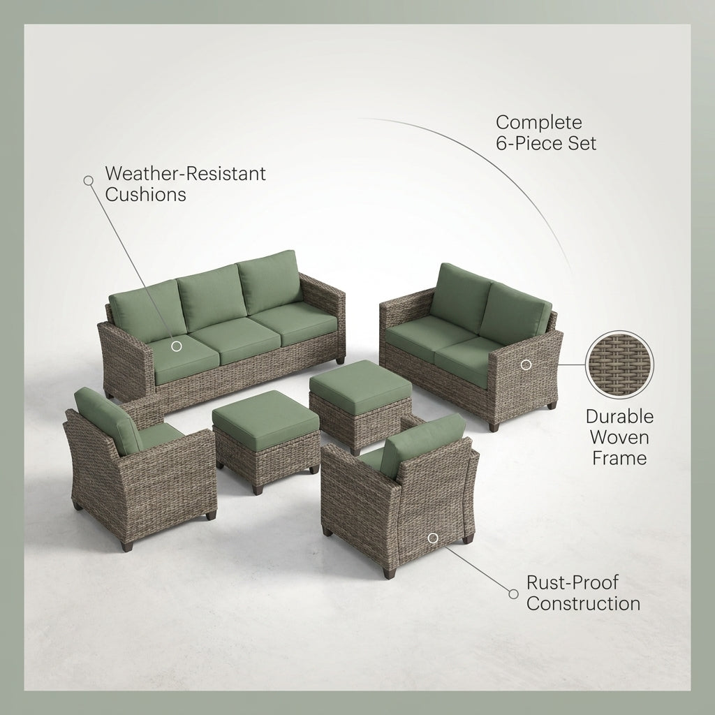 Patio Furniture Set 6-Piece Outdoor Patio Conversation Set with Green Cushions Lawn Furniture — Lifestyle
